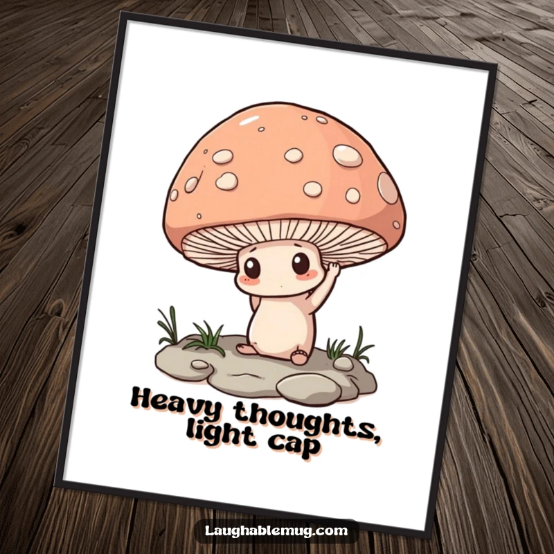 Funny Digital Art Print: A determined mushroom attempting to lift an oversized pebble, printable motivational art.