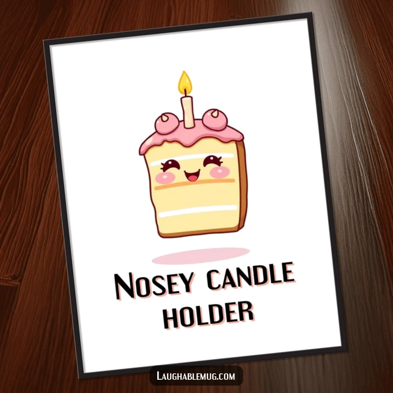 Funny Digital Art Print: Giggling slice of cake balancing a single candle on its nose, a cheerful and humorous piece.