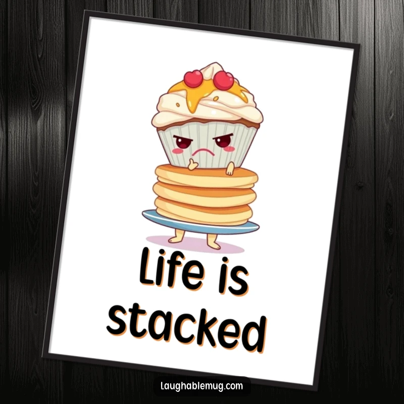 Funny digital art print of a grumpy cupcake precariously balancing a massive, wobbly stack of pancakes.