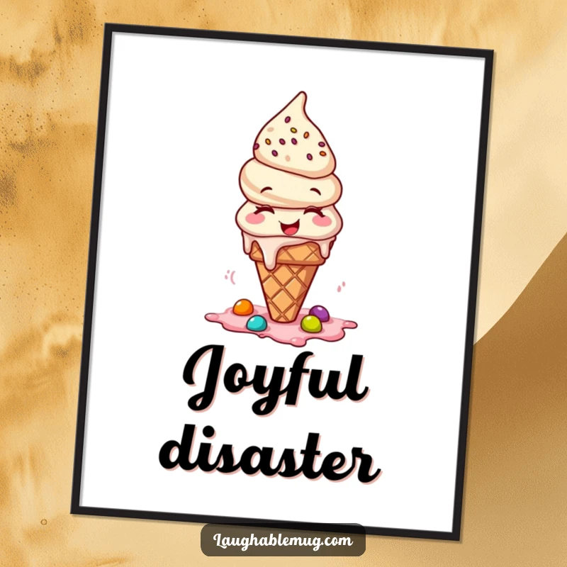 Funny digital art print of a giggling ice cream cone spilling toppings, adding instant cheer and whimsy.