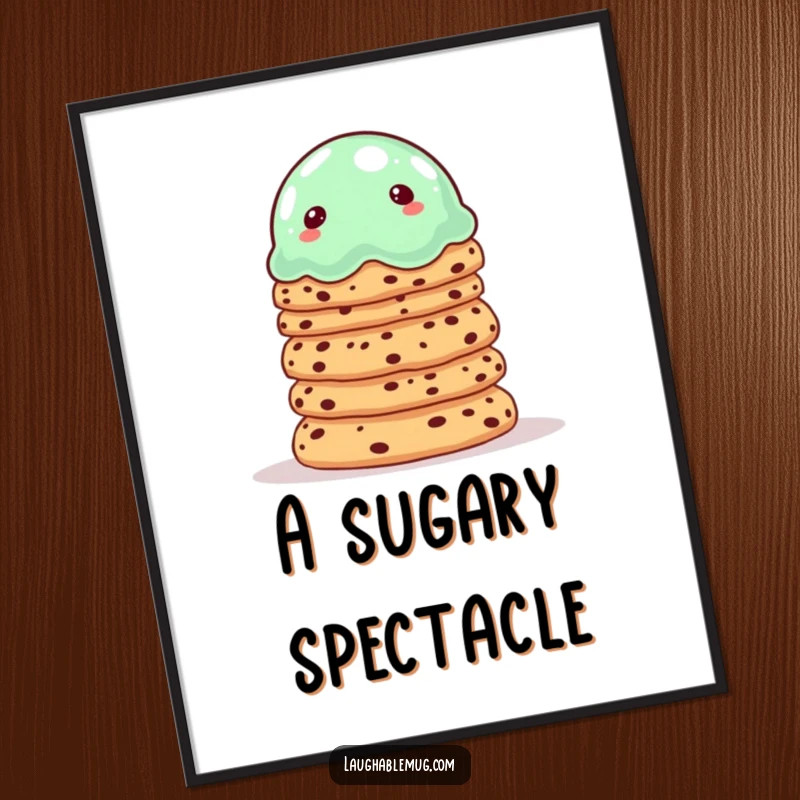 Funny digital art print of a wobbly jelly balancing cookies, ideal for whimsical wall decor.