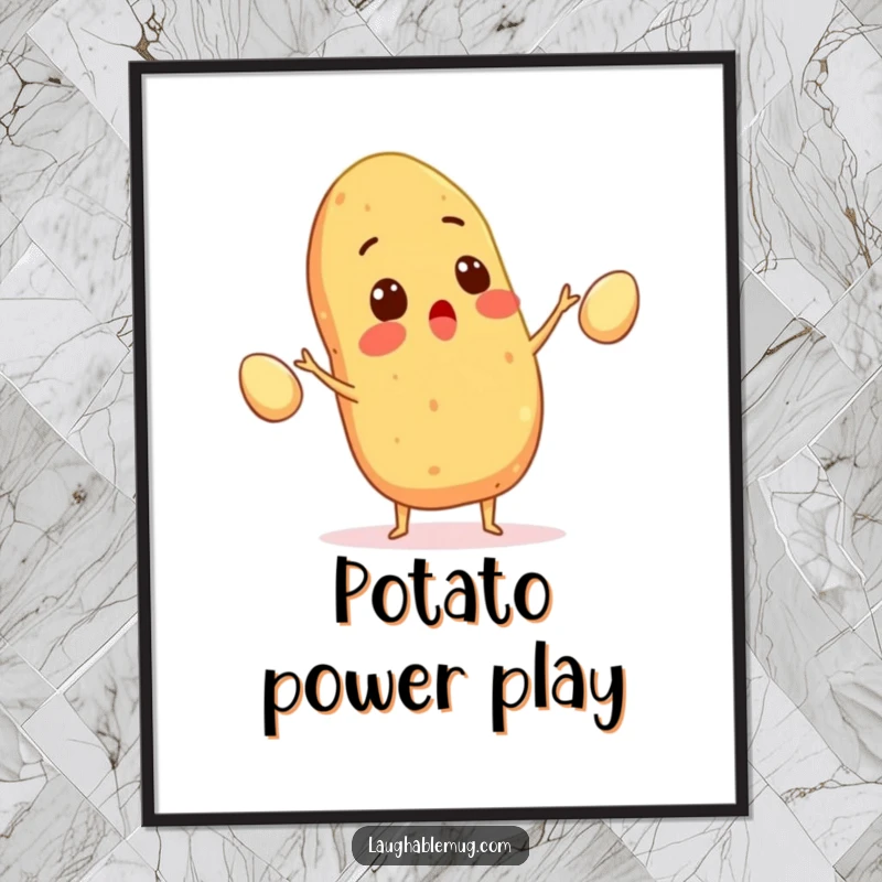 Funny digital art print of a surprised potato juggling eggs, radiating kitchen energy and amusement, perfect for decor, a great gift.