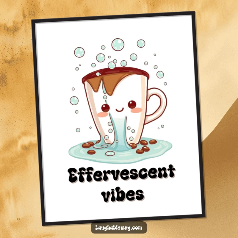 Funny Kawaii digital art print of a coffee cup character spilling bubbles, offering instant bubbly humor.