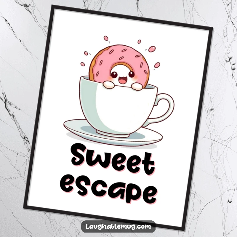 Funny Kawaii Donut Teacup Dive Digital Art Print: A cute donut character joyfully dives into a giant teacup, ready for instant download.