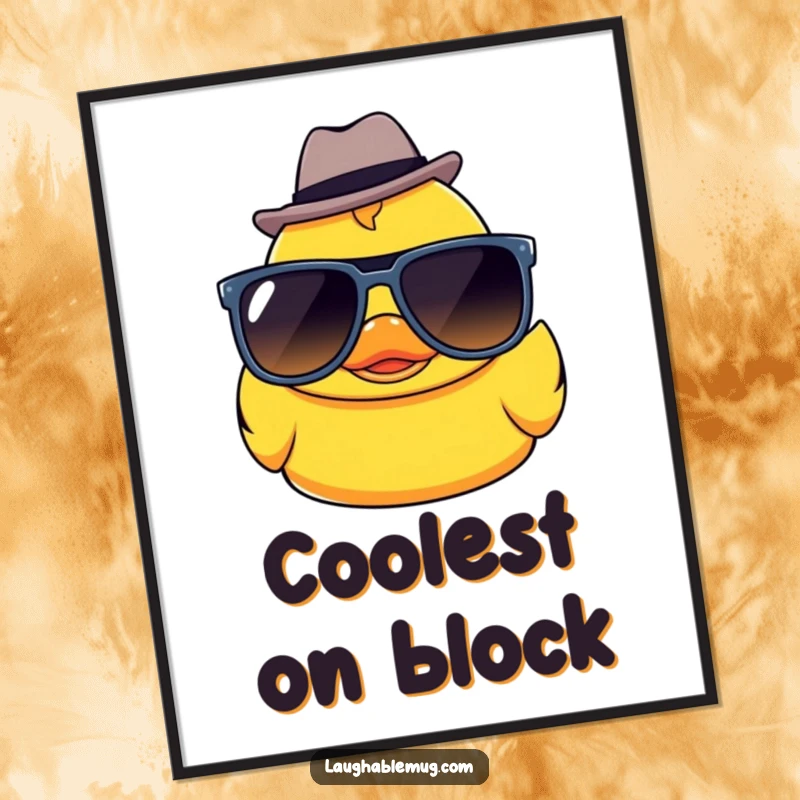 Funny Kawaii rubber ducky wearing oversized sunglasses and a tiny fedora, as printable digital art for instant home decor.