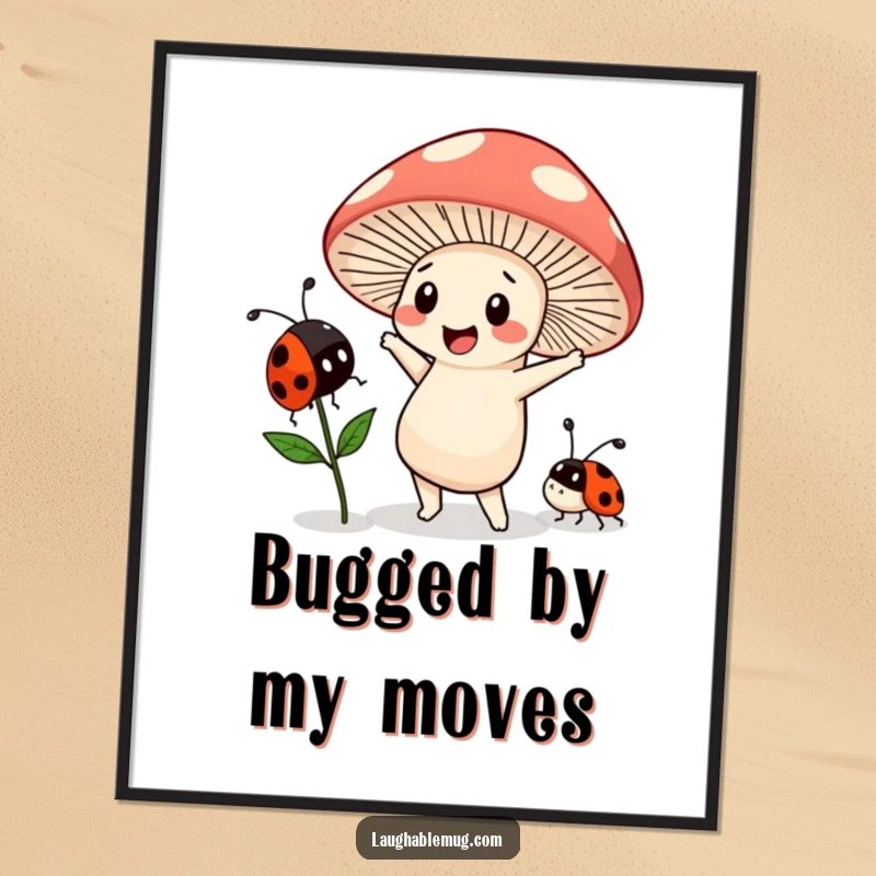 Funny Kawaii digital art print of a mushroom character dancing with a ladybug, offering instant whimsical humor.