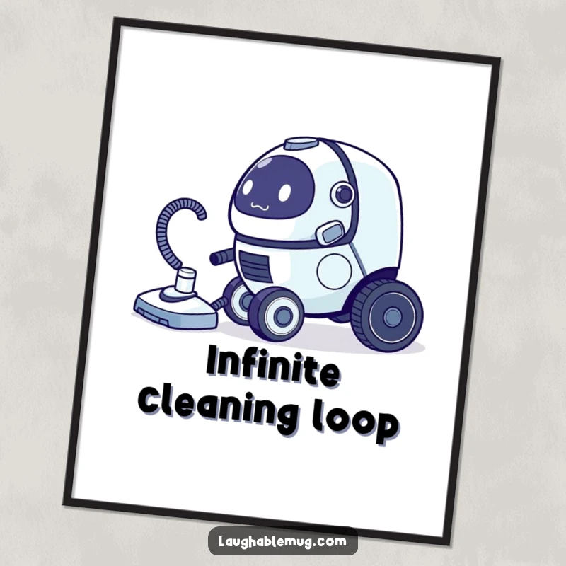 Funny digital art print of a clumsy robot vacuum cleaner comically chasing its tail, a humorous tech depiction.