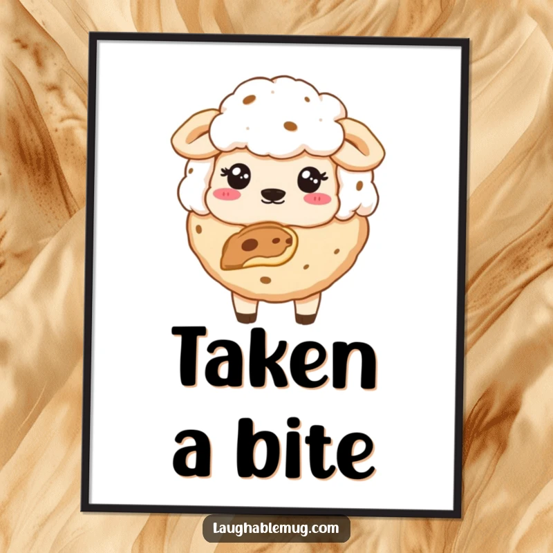 Funny digital art print of a sheepish cookie with a bite missing, adding instant charm and humor.