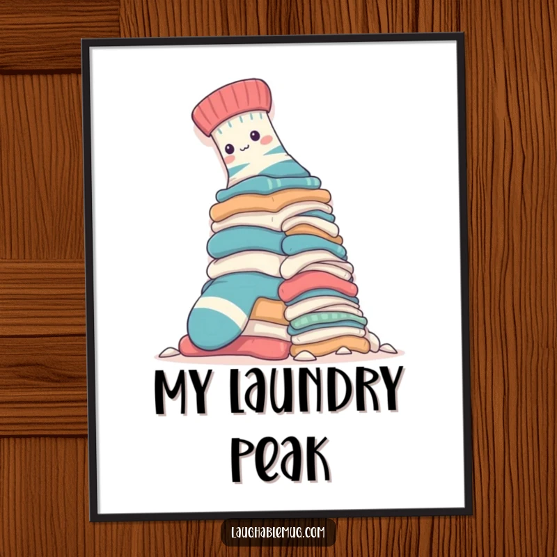 Funny Digital Art Print: A sock bravely scales a towering laundry pile, embodying humor and effort in a downloadable format.