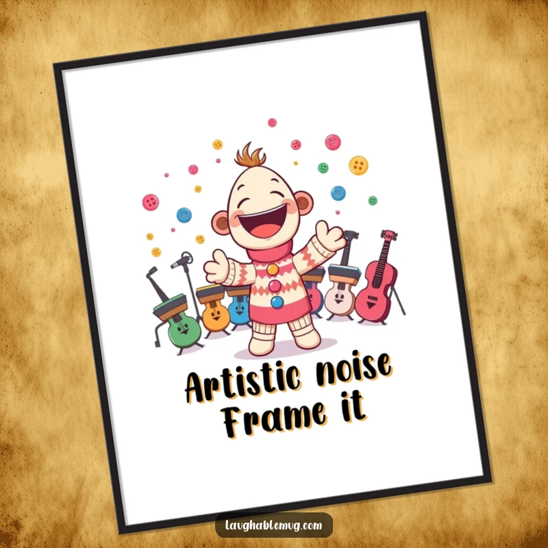 Funny digital art print of a cheerful sock puppet enthusiastically conducting a button orchestra, ready to add a musical vibe.