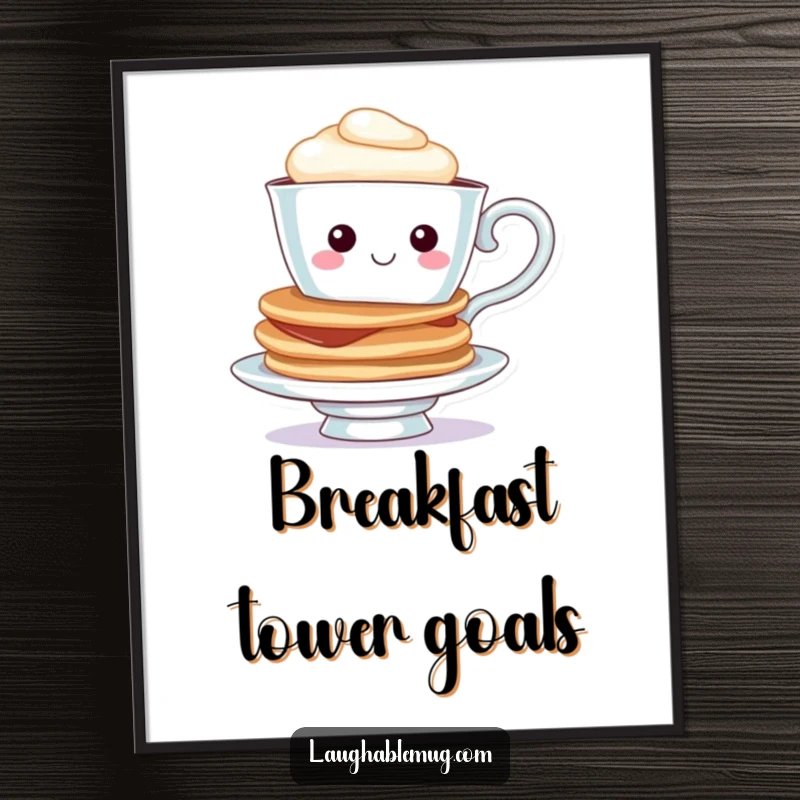 Funny Teacup Pancake Digital Art: A downloadable print of a cheerful teacup balancing pancakes, perfect for instant breakfast-themed humorous decor.