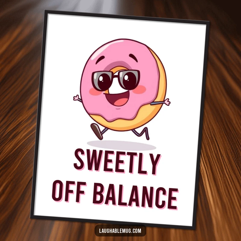 Funny digital art print of a slightly tipsy donut character stumbling with a big, goofy grin, adding playful humor to any space.