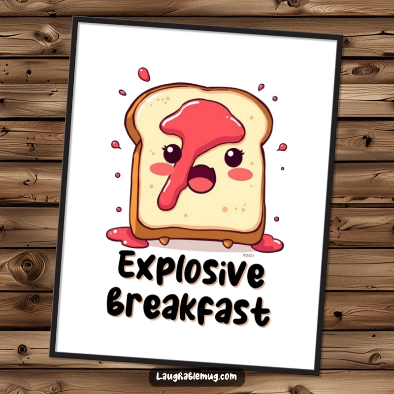Funny digital art print of a cute toast character with jam splattering everywhere in surprise, ideal for decor.