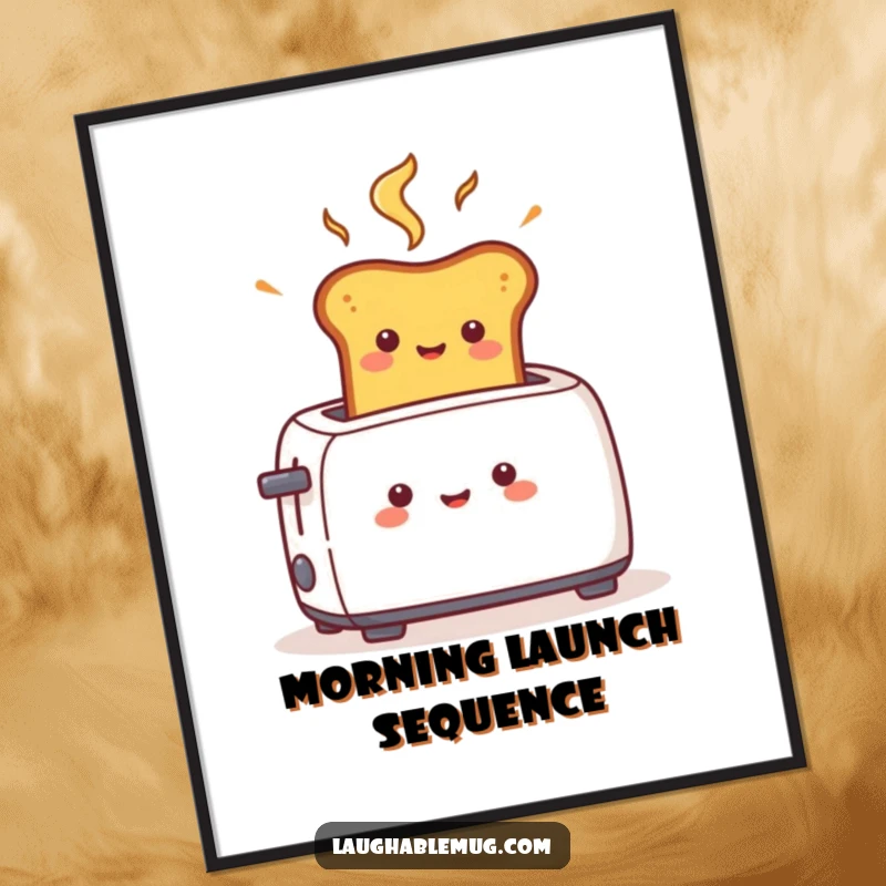 Funny digital art print of a cheerful toast character popping fast from a toaster, conveying speed and morning energy for wall decor.