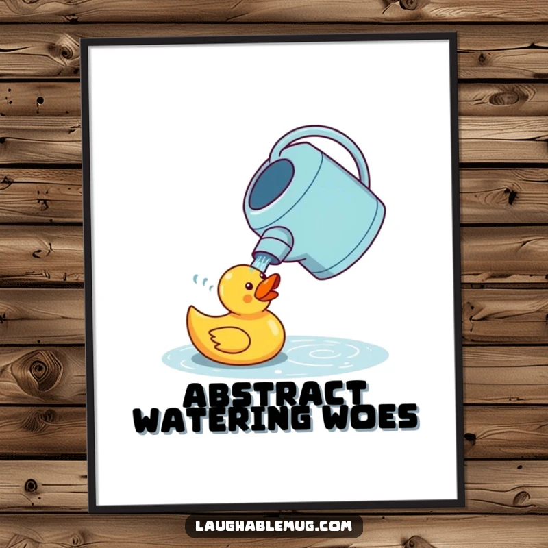Funny digital art print of a confused watering can trying to water a rubber duck, ideal for adding whimsical and humorous garden-themed decor.