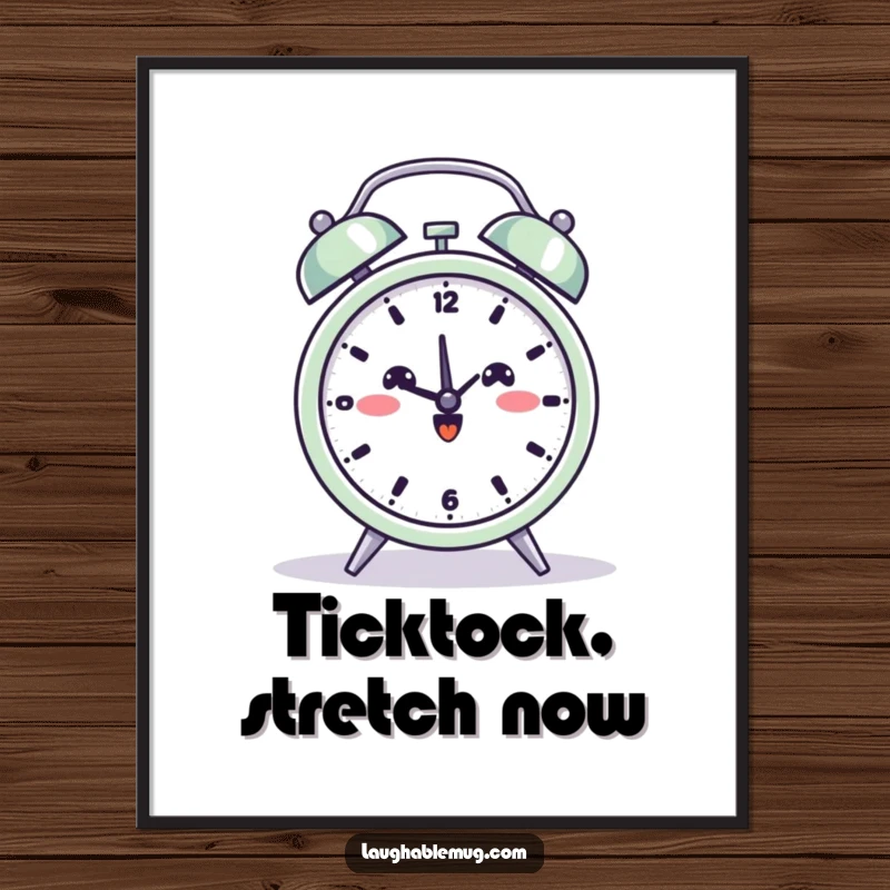 Funny digital art print of a beaming alarm clock attempting a yoga pose, symbolizing timely relaxation and peace.