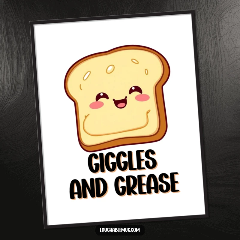 Funny Digital Art Print: A giggling piece of toast with butter sliding backward, printable humorous artwork.