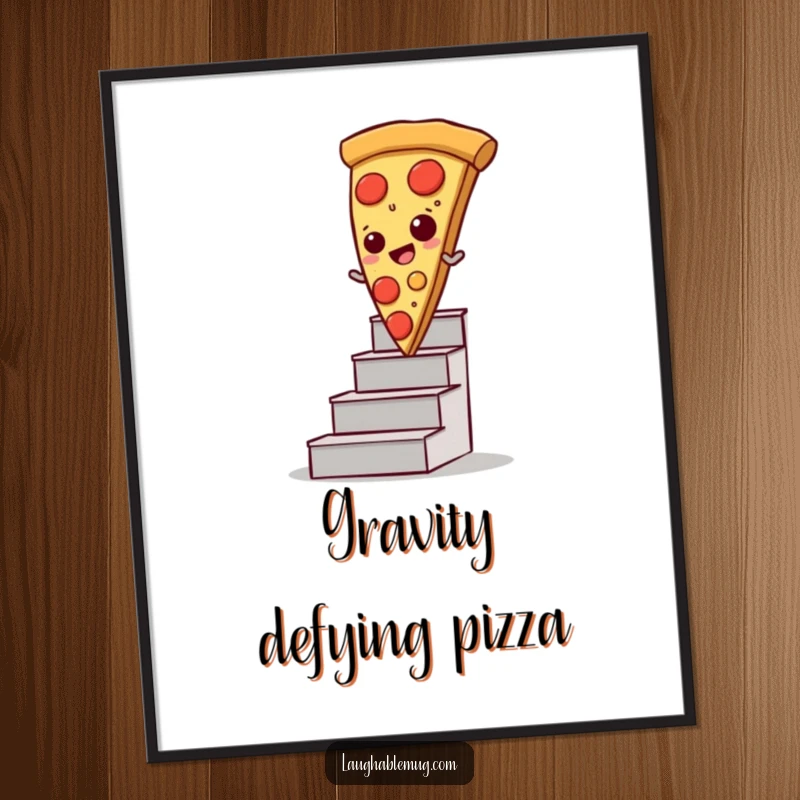 Funny digital art print of a pizza slice comically attempting to slide down a staircase, adding playful decor.