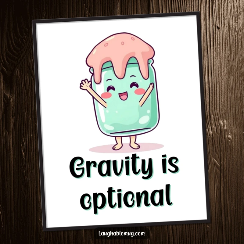 Funny digital art print of a jelly jar doing a wobbly handstand, bringing instant humor and charm.