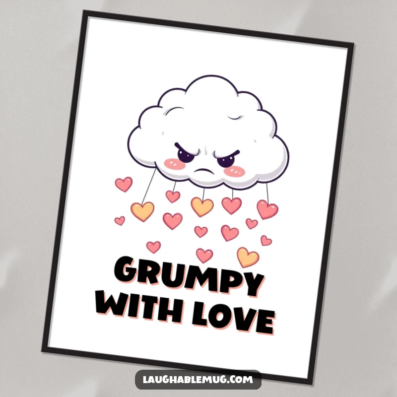 Funny digital art print of a grumpy cloud raining happy little hearts, ideal for mood decor.