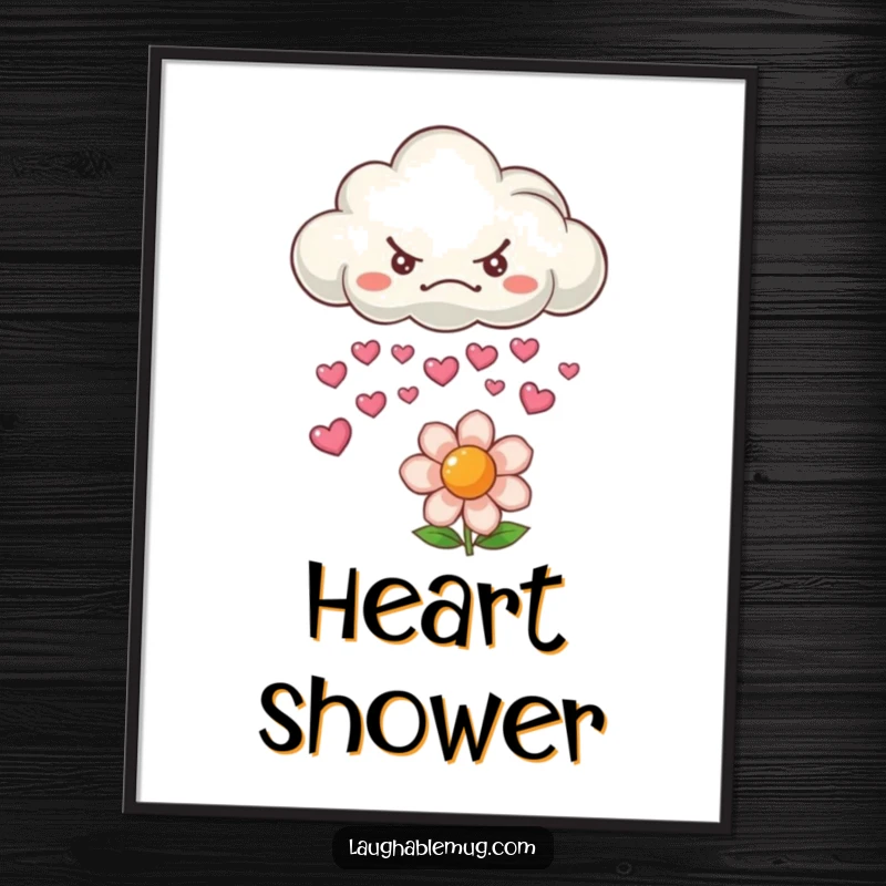Funny digital art print of a grumpy cloud raining smiling hearts on a flower, ideal for cheerful decor.