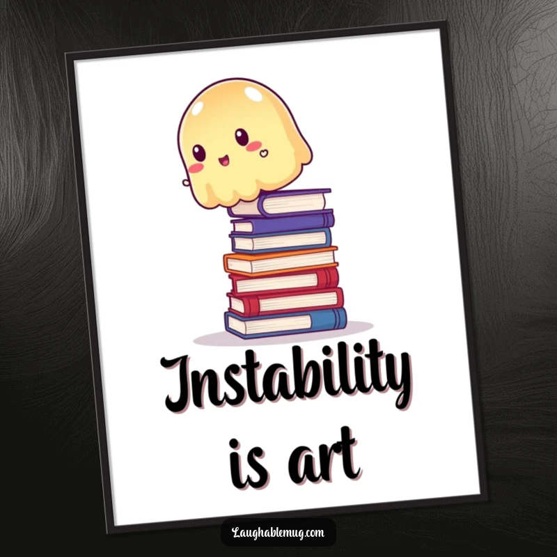 Funny Digital Art Print: Wobbly jelly trying to balance precariously on a stack of books, a humorous and charming piece.