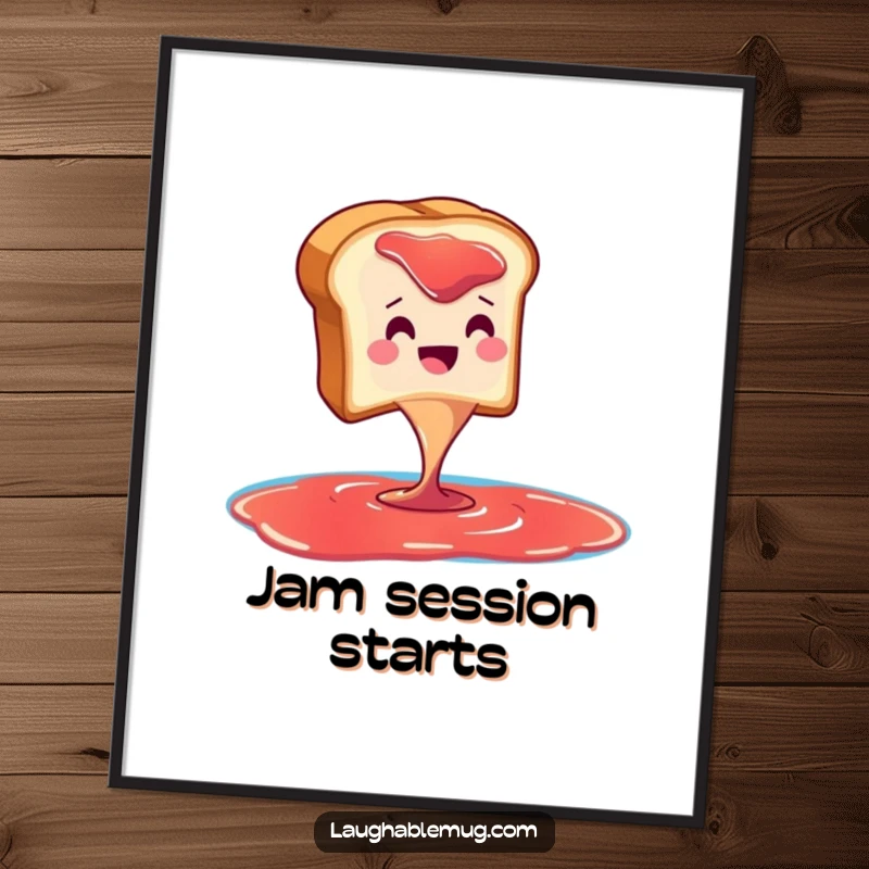 Funny digital art print of a toast character dramatically diving into a jam pool, ideal for instant home decor.