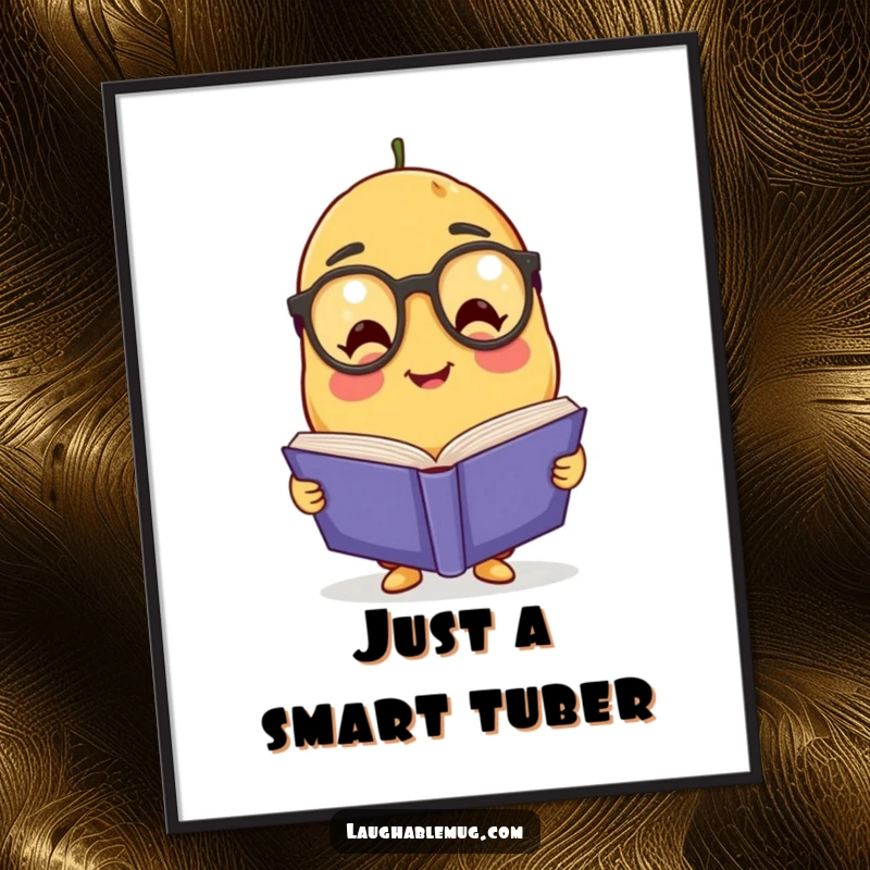 Funny Potato Scholar Digital Art: A printable illustration of a friendly potato wearing spectacles, absorbed in reading a giant book.