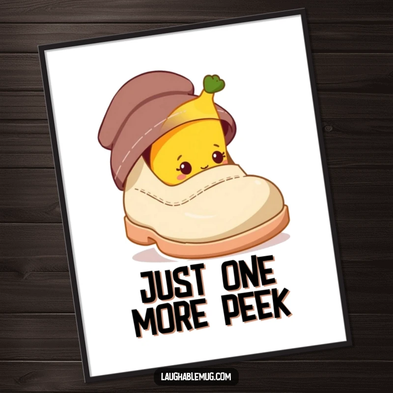Funny digital art print of a shy banana character peeking from behind a giant shoe, showcasing quirkiness.