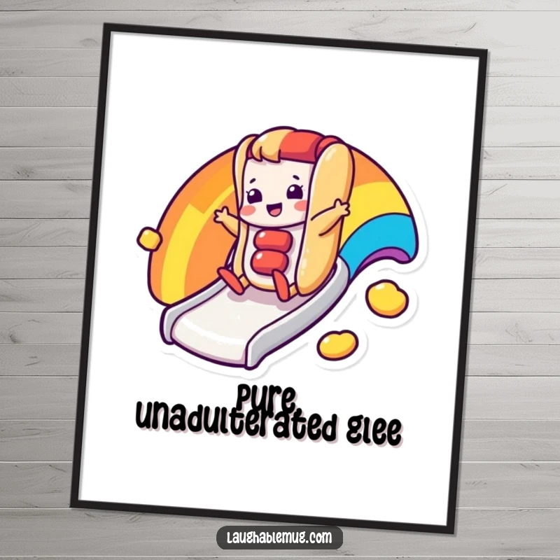 Funny digital art print of a happy hot dog character sliding down a rainbow slide, celebrating fun.