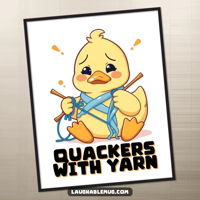 Funny digital art print of a confused rubber duck comically struggling to knit, surrounded by yarn, embodying hilarious craft failure.