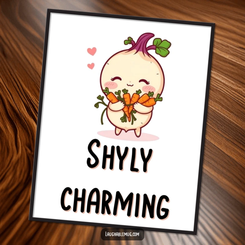 Funny Digital Art Print: A shy turnip blushes softly while holding a tiny carrot bouquet, perfect wall decor.