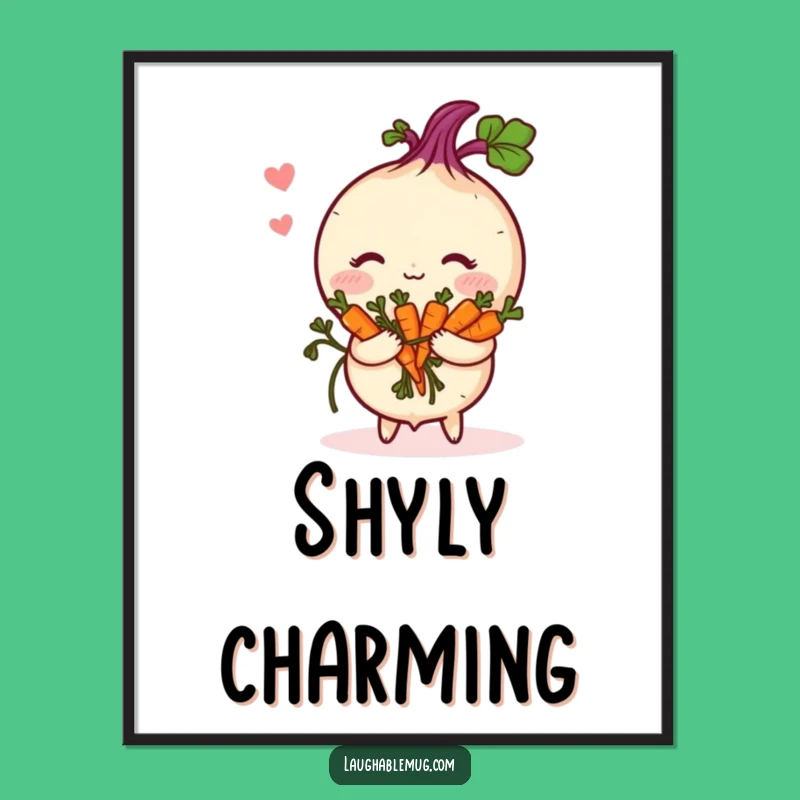 Funny Shy Turnip Digital Art, Whimsical Blushing Vegetable with Carrot Bouquet Wall Art