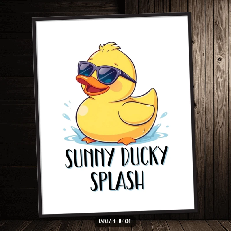 Funny digital art print of a happy rubber ducky wearing sunglasses, splashing playfully.
