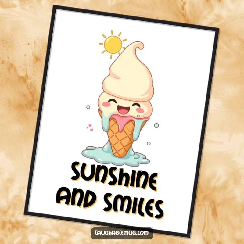 Funny digital art print of a melting ice cream cone character laughing joyously under the sun, embodying sweet summer happiness.