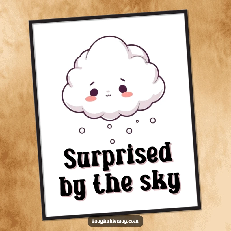 Funny digital art print of a fluffy cloud comically tripping over its mist with a surprised look.