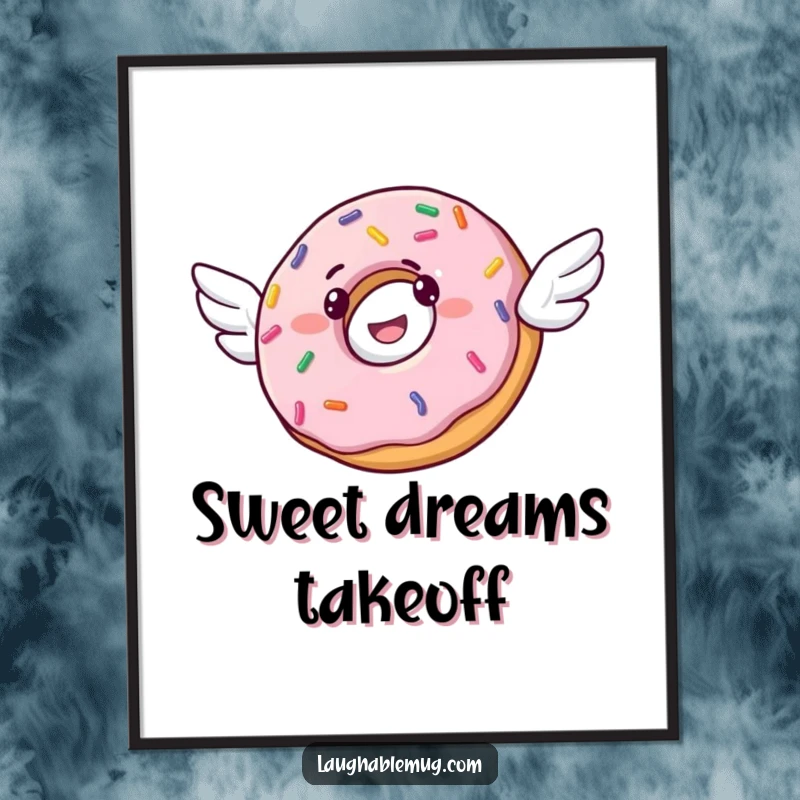 Funny digital art print of a happy donut with small wings attempting flight, surrounded by colorful sprinkles.