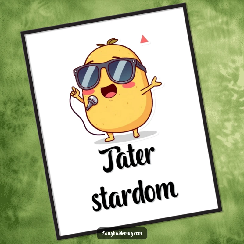 Funny digital art print of a singing potato wearing tiny sunglasses, performing with great enthusiasm.