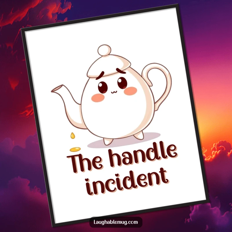 Funny Digital Art Print: A surprised teapot pours tea onto its handle, offering a humorous and charming downloadable image.