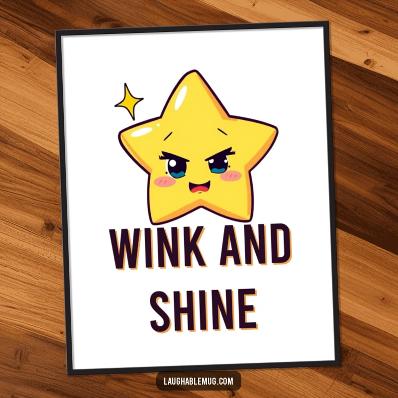 Funny Digital Art Print: Mischievous star attempting to wink with exaggerated sparkle, a cheerful and humorous piece.