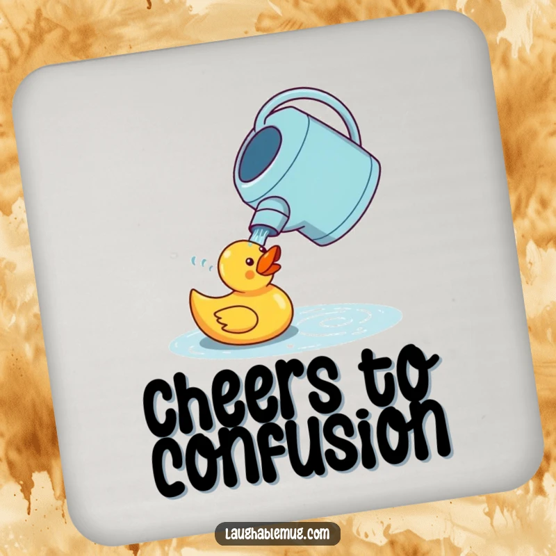 Funny drink coaster depicting a confused watering can trying to water a rubber duck, offering surface protection with a whimsical garden theme.