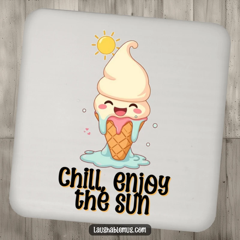 Funny coaster showing a melting ice cream cone character laughing joyously under the sun, protecting surfaces with sweet, summery humor.