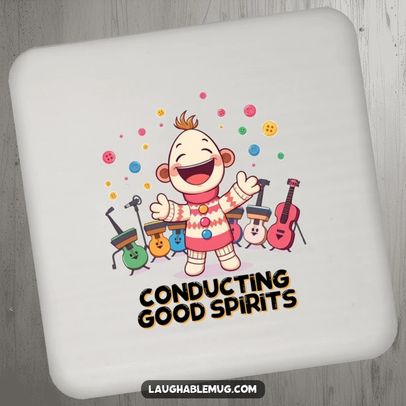 Funny coasters with a cheerful sock puppet conducting a button orchestra, protecting surfaces with musical flair.