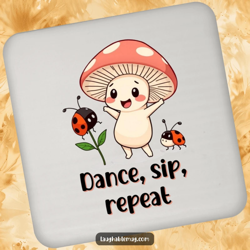 Funny Kawaii coasters featuring a mushroom character dancing with a ladybug, protecting surfaces with cheerful humor.