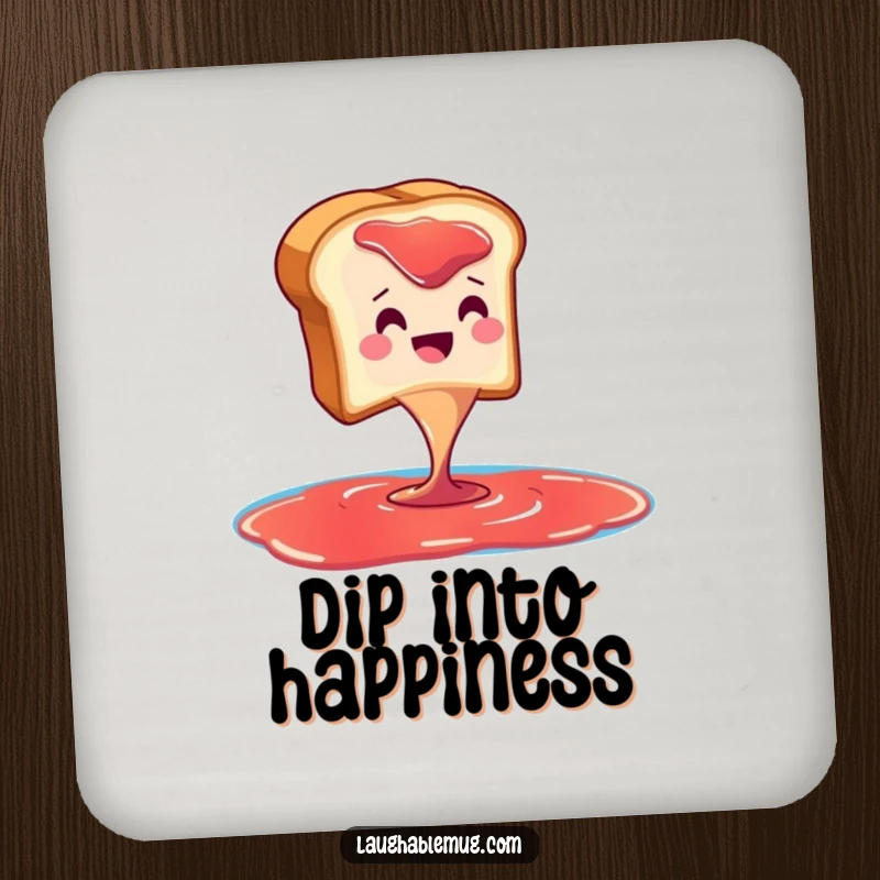 Funny drink coaster featuring a toast character diving into a jam pool, protecting surfaces with humor.