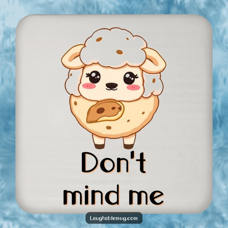 Funny coaster with a sheepish cookie missing a bite, a humorous way to protect furniture.