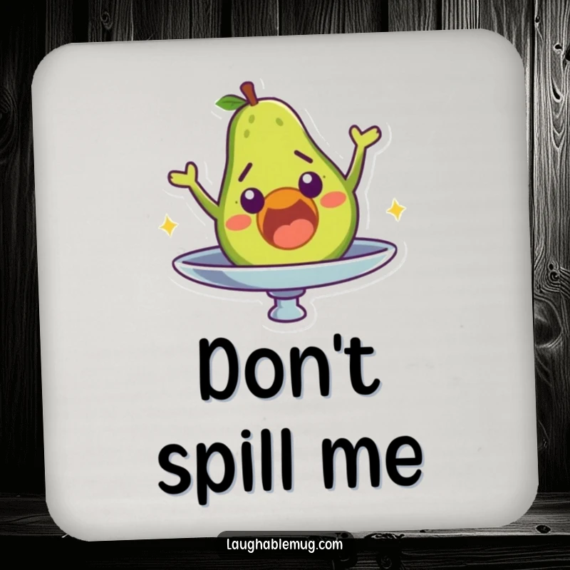 Funny drink coaster with a surprised avocado character falling off a spinning plate, adding food-themed humor to surfaces.