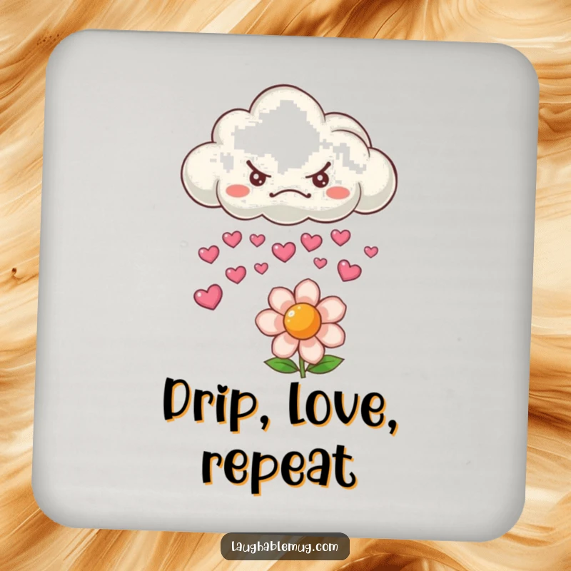 Funny drink coaster featuring a grumpy cloud raining smiling hearts, adding cheerful charm.