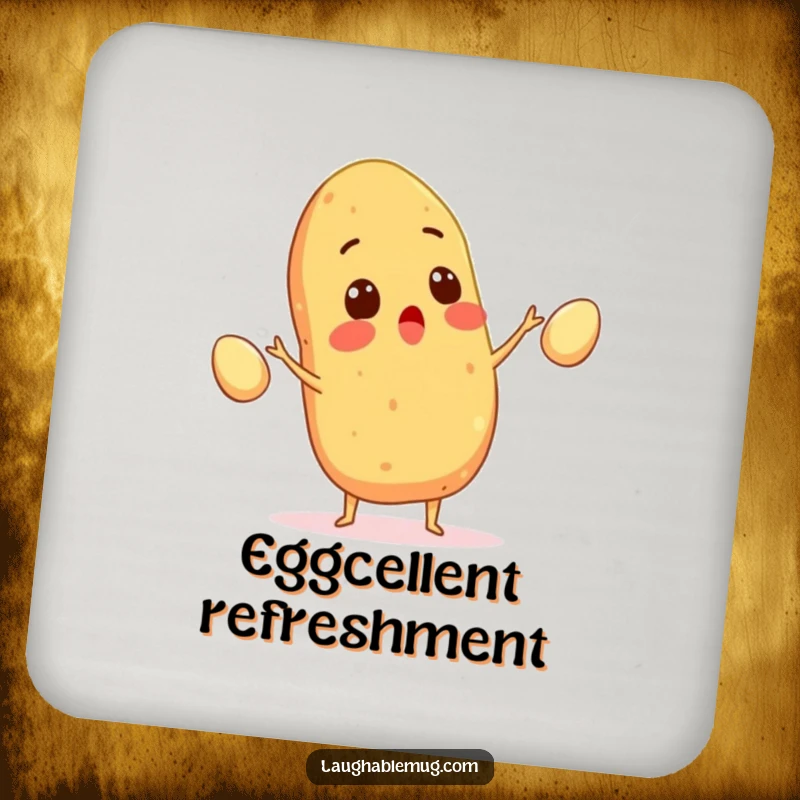Funny coaster with a surprised potato juggling eggs, protecting surfaces with amusing flair, a small but delightful funny gift.