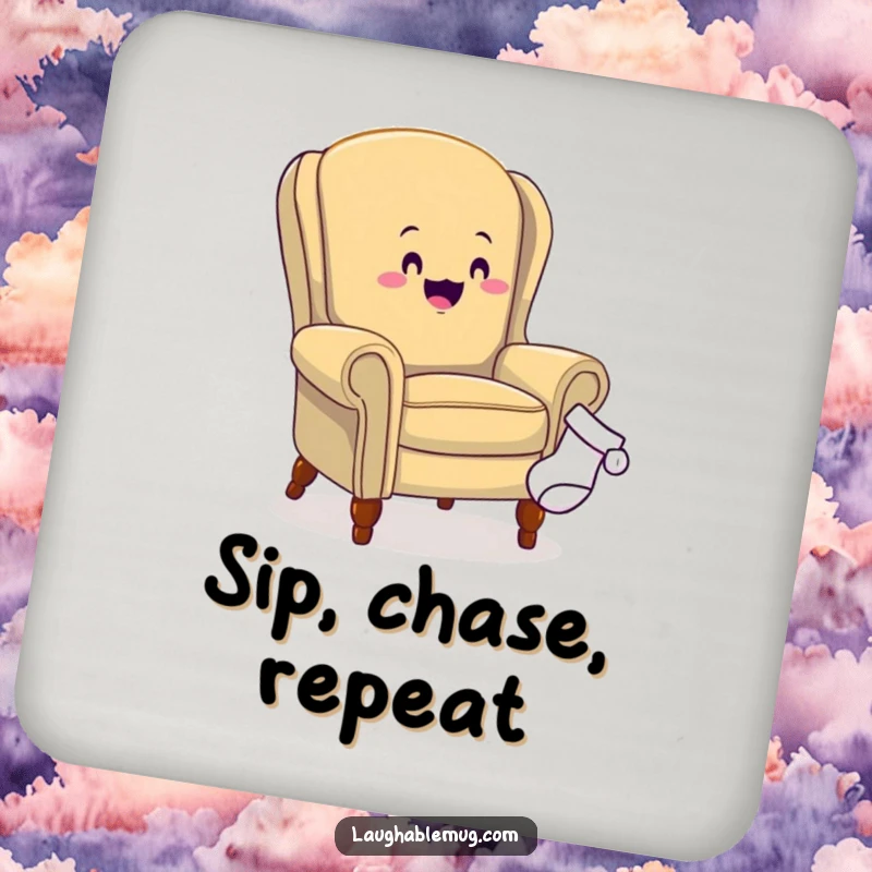Funny drink coaster depicting an armchair in pursuit of a lost sock, offering surface protection with a humorous and relatable design.